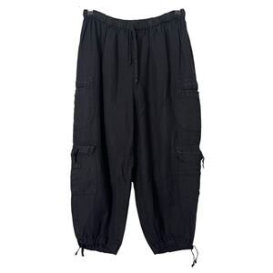 Flax Linen Cropped Relaxed Cargo Utility Pull On Elastic Waist Pants Black M